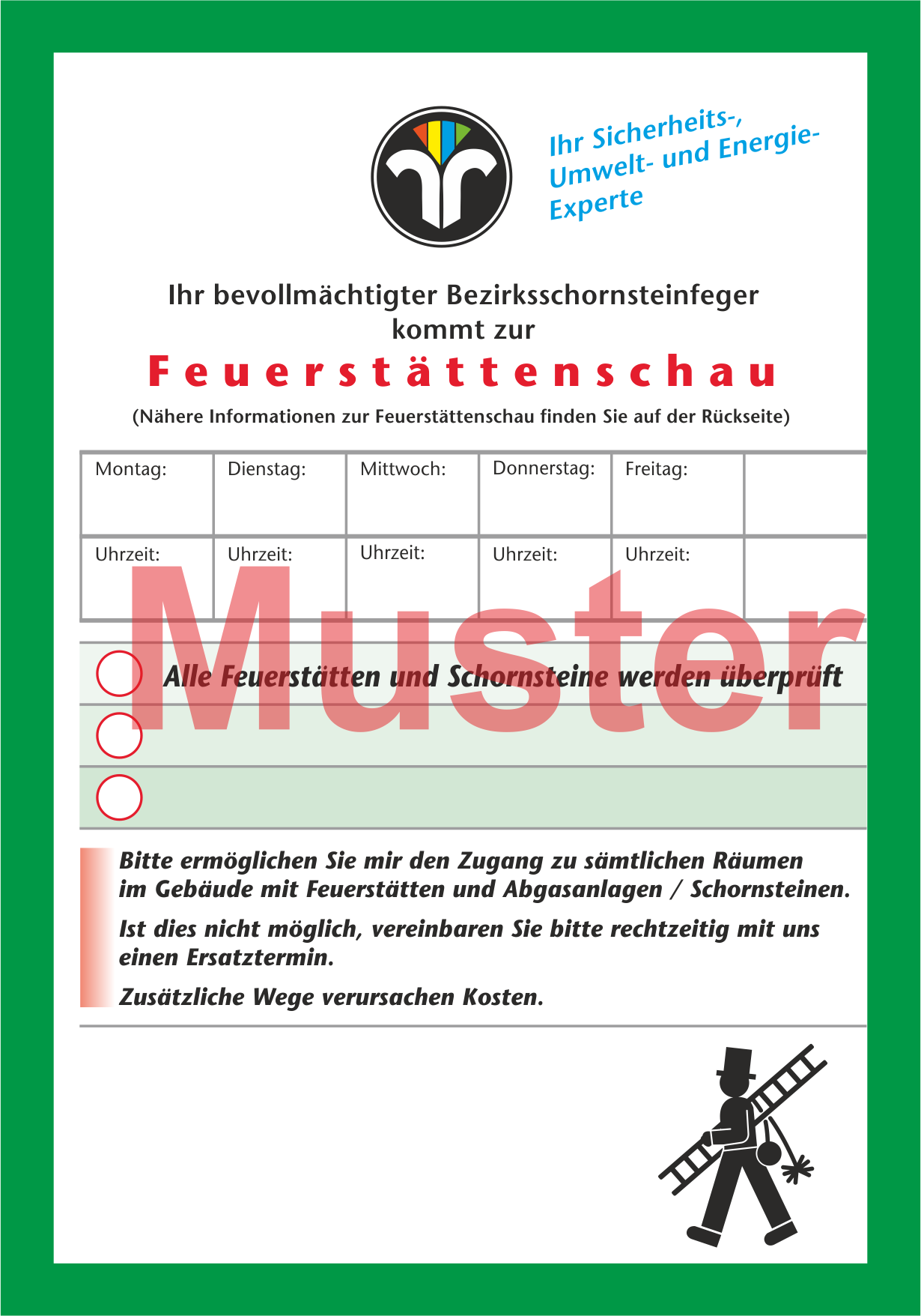 Ansagezettel "Feuerstättenschau", DIN A6, ZIV-Logo