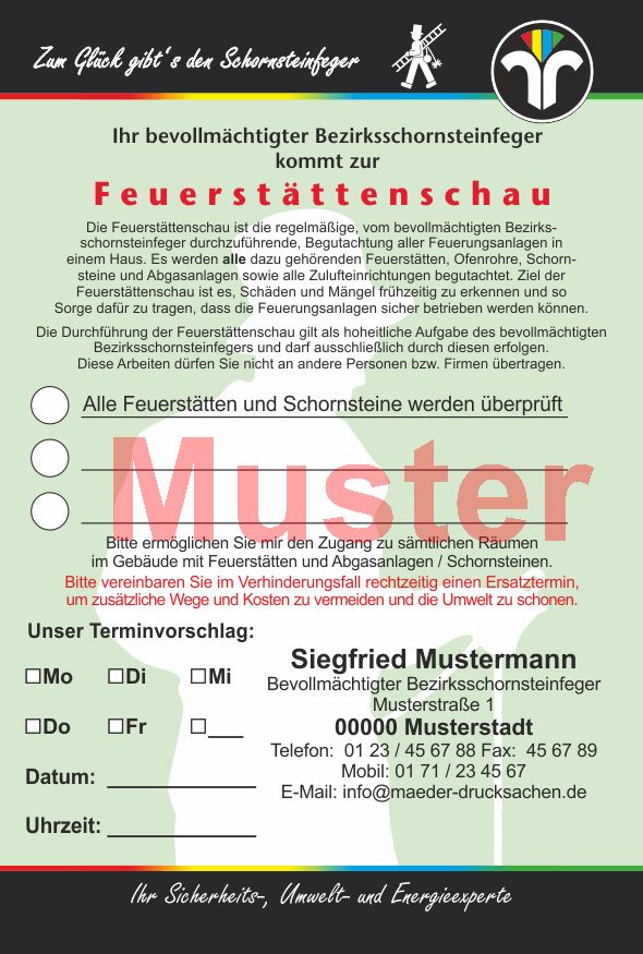 Ansagezettel "Feuerstättenschau" - DIN A5, "Zum Glück"