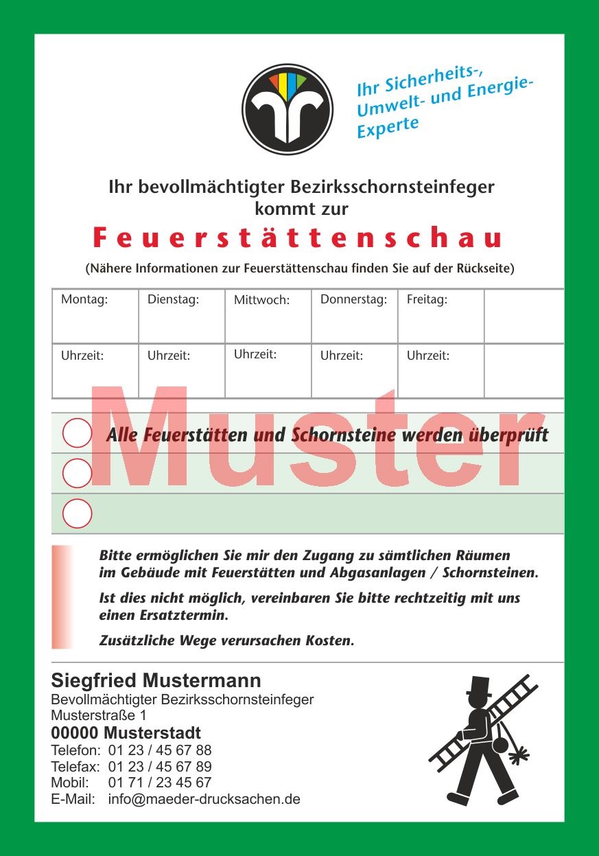 Ansagezettel "Feuerstättenschau" - DIN A5, ZIV-Logo, Rückseitendruck