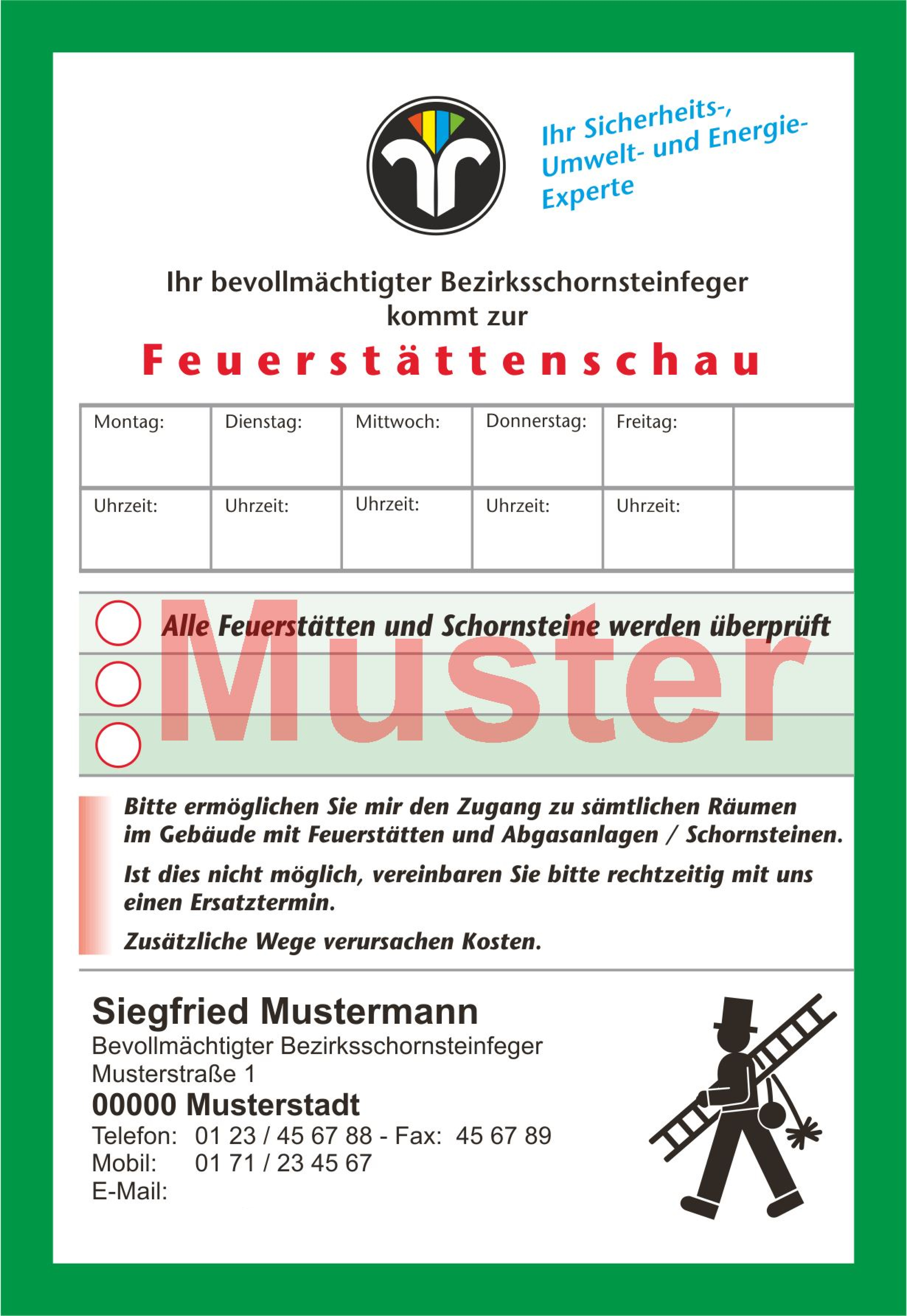 Ansagezettel "Feuerstättenschau", DIN A 6,mit Firmeneindruck