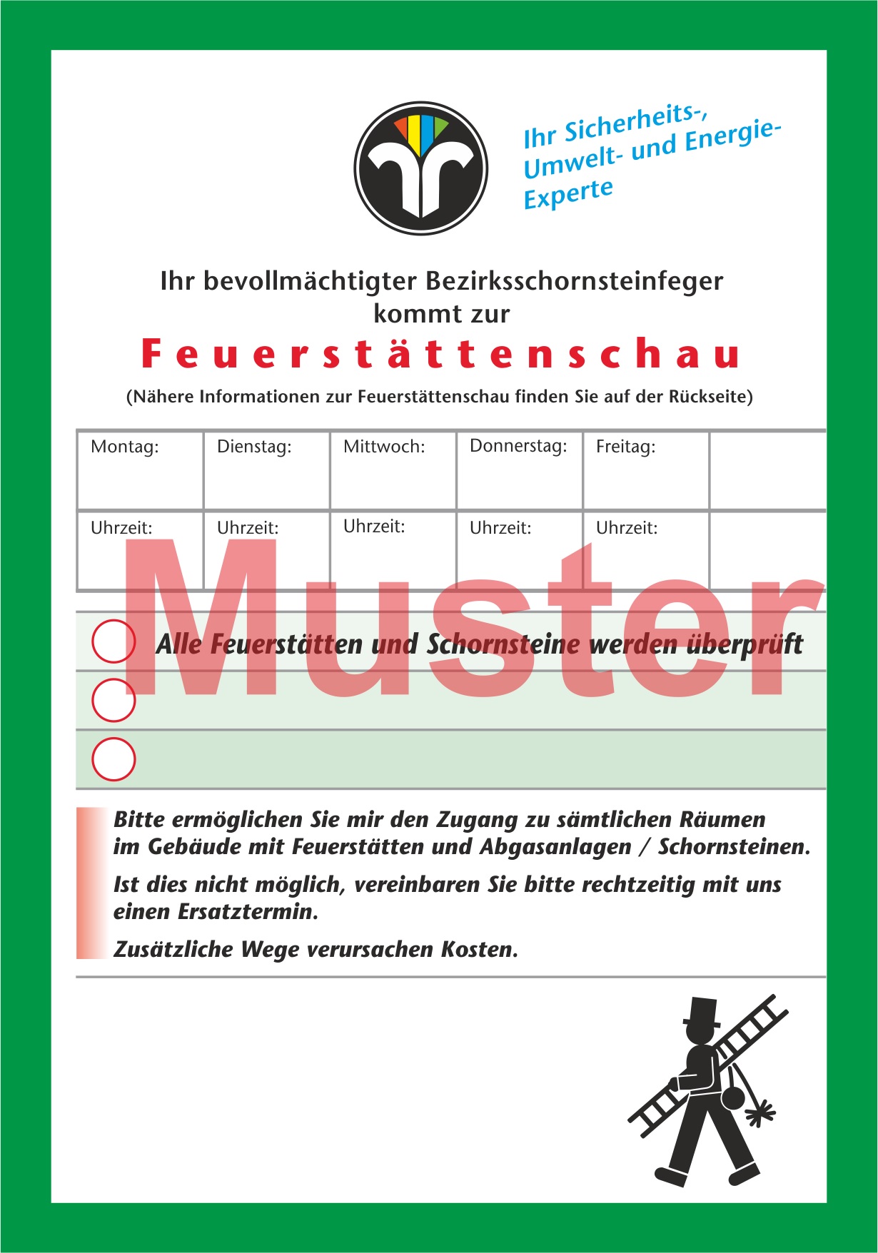 Ansagezettel "Feuerstättenschau" - DIN A6, ZIV-Logo, Rückseitendruck