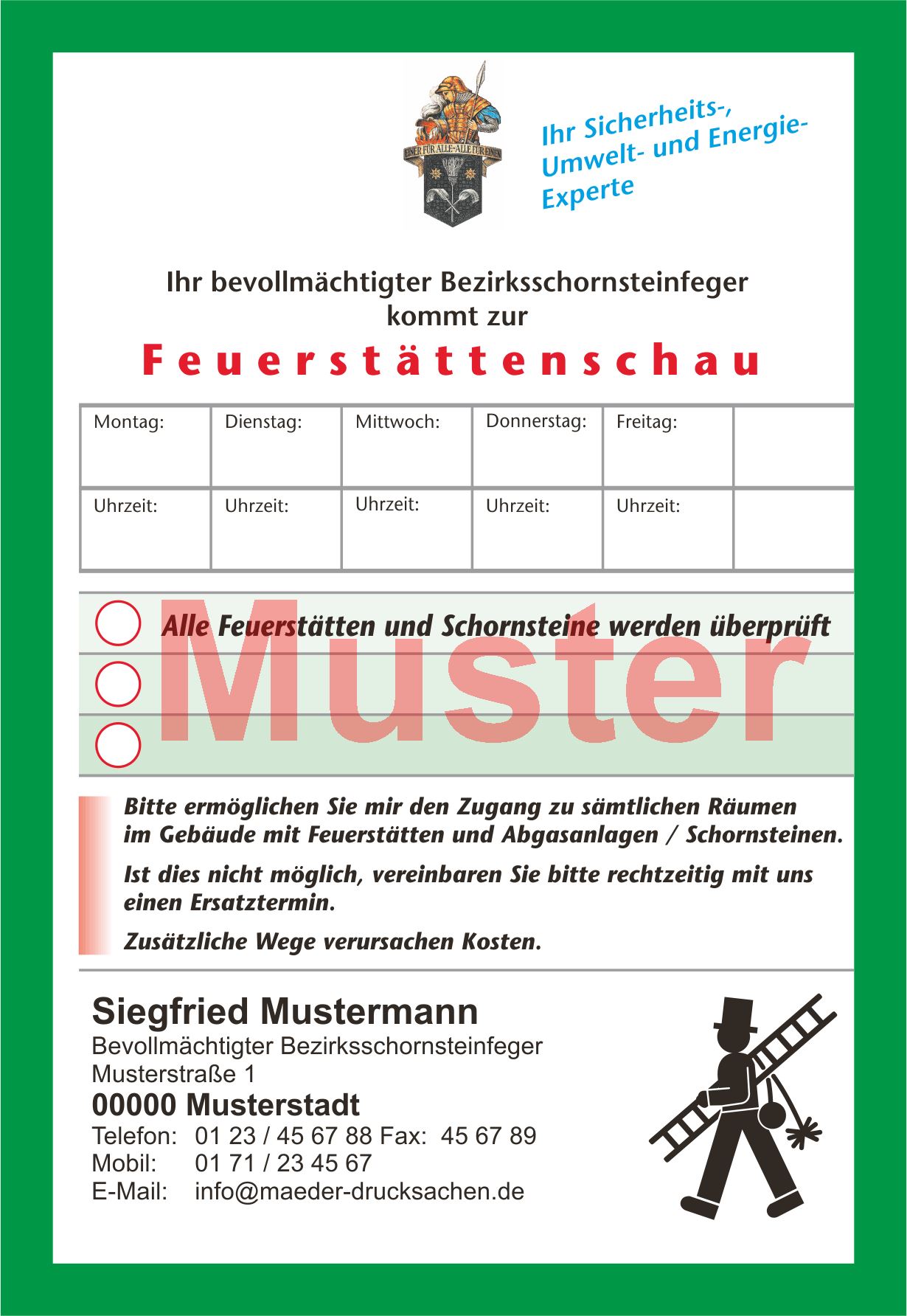 Ansagezettel "Feuerstättenschau", Florian, DIN A 6,mit Firmeneindruck